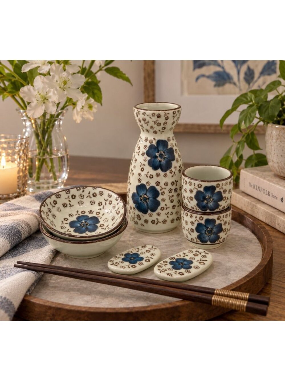Japanese Import 7 Piece Sake Set Carafe 2 Sake Cup 2 Side Bowls 2 Chopstick Rest